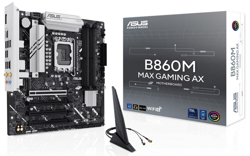 B860M MAX GAMING AX Yonga plakası ve anten ile ASUS B860M Max Gaming AX anakart seti, yüksekPerformanslı oyun ve yoğun işlem gücü için optimize edilmiştir.
