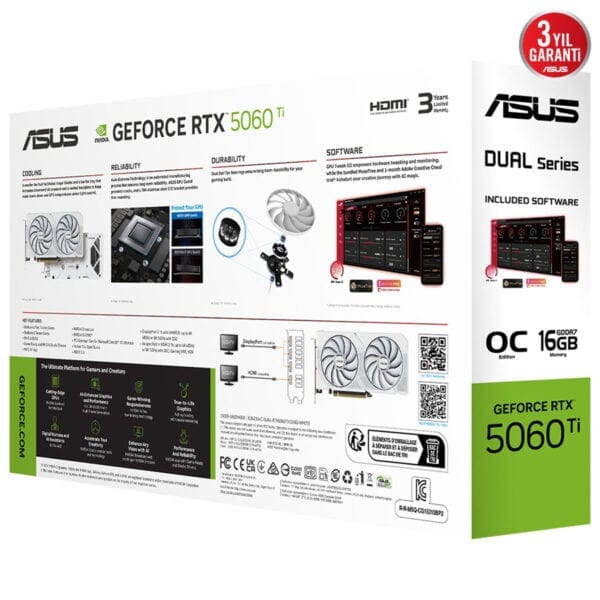 Yüksek kaliteli ASUS GEFORCE RTX 5060 Ti ekran kartı, oyun ve grafik tasarım için güçlü performans ve dayanıklılık sağlar.