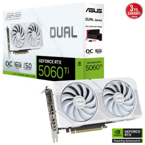 Yüksek performanslı ASUS Dual GeForce RTX 5060 Ti ekran kartı, 16GB GDDR7 VRAM ve 3 yıllık garanti ile oyun ve tasarım için ideal. DLSS 4, ışın izleme ve stüdyo modlarıyla üstün grafik deneyimi sağlar.