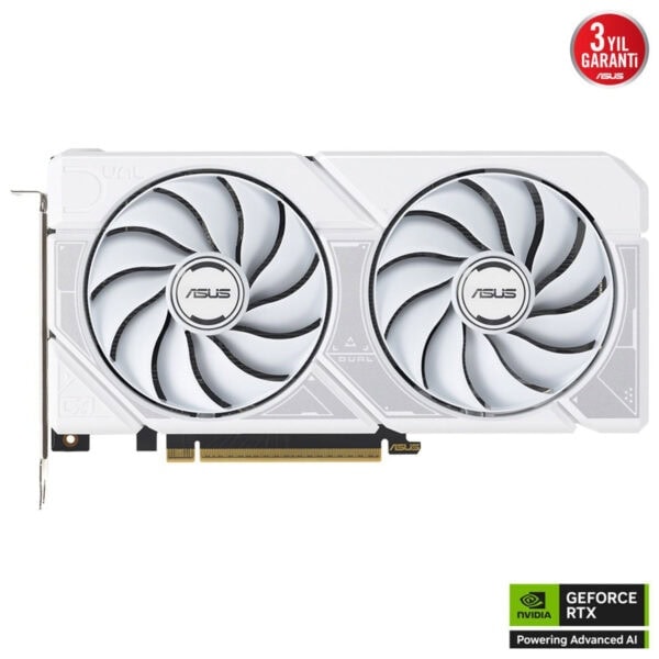 Yüksek performanslı ASUS GeForce RTX ekran kartı, oyun ve grafik tasarımı için ideal, beyaz tasarım ve çift fan soğutma sistemi ile üstün oyun deneyimi sağlar.