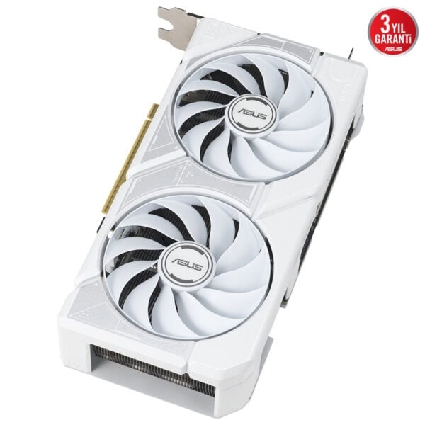 Görünümde beyaz renkli ASUS ekran kartı, iki adet büyük soğutucu fan ve detaylı tasarım ile yüksek performanslı grafik işlemcisi. Gaming ve bilgisayar donanımı tutkunları için ideal.