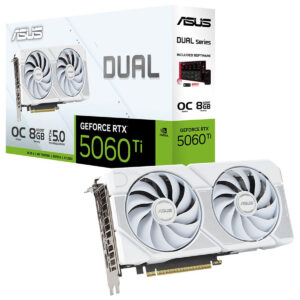 Yüksek performanslı ASUS GeForce RTX 5060 Ti ekran kartı, çift fanlı soğutma sistemiyle görseller ve detaylar, oyun ve grafik tasarım için optimize edilmiştir.