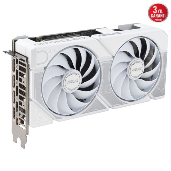 Güçlü ASUS GeForce RTX ekran kartı, yüksek performans ve oyun deneyimi için tasarlanmış, çift fanlı beyaz renkli ekran kartı. Oyun ve grafik tasarım için ideal donanım parçası.