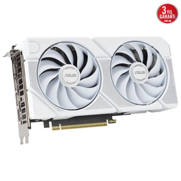 Yüksek performanslı beyaz ASUS ekran kartı, gelişmiş soğutma sistemi ve şık tasarımıyla gaming ve grafik tasarım kullanıcılarına özel.