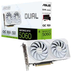 Güzel tasarımlı ASUS Dual GeForce RTX 5060 ekran kartı, yüksek performans ve oyun deneyimi için ideal, 8GB GDDR7 bellek ve gelişmiş soğutma özellikleriyle donatılmış.