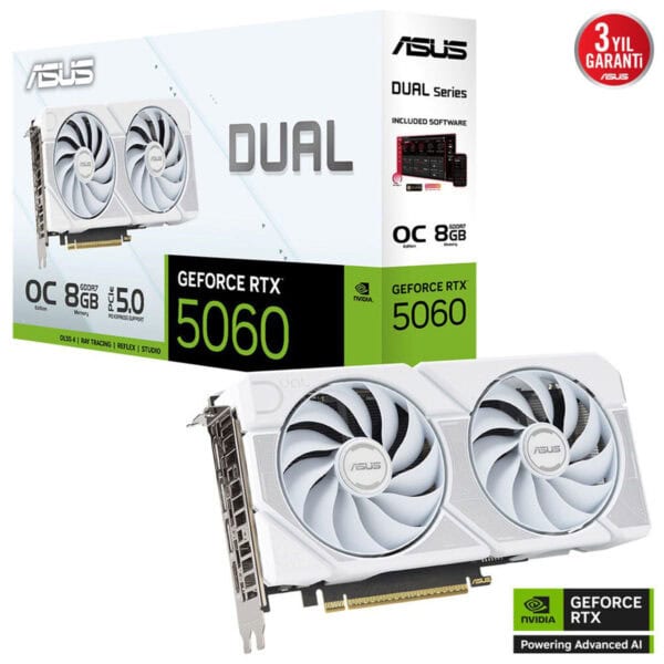 Çift fanlı ASUS NVIDIA GeForce RTX 5060 ekran kartı, 8GB GDDR7 bellek ile yüksek performans ve oyun deneyimi sağlar. Oyun ve grafik işlemleri için ideal, DLSS4 ve ray tracing destekli, kurulum ve kullanım kolaylığı sunar.