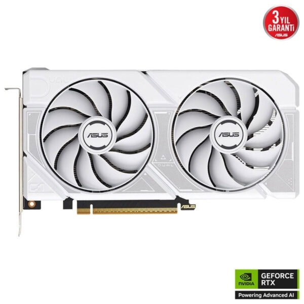 Gelişmiş oyun ve grafik performansı için ASUS NVIDIA GeForce RTX ekran kartı, beyaz tasarımı ve güçlü soğutma sistemleriyle yüksek kaliteli donanım çözümü.