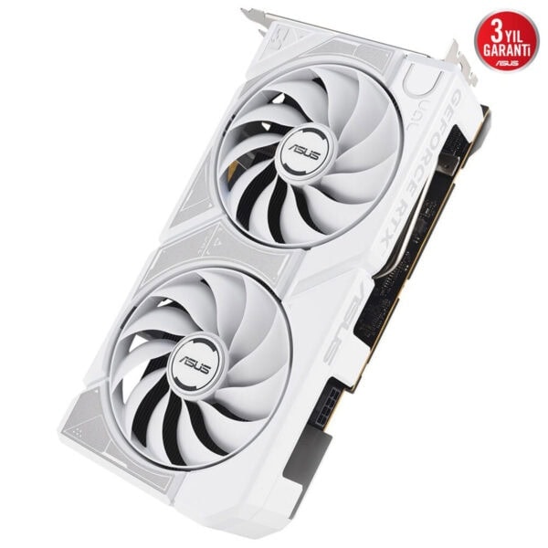 Aşağıdaki resim, ASUS marka beyaz ekran kartını göstermektedir, yüksek performanslı ve oyun odaklı grafik işlem birimine sahiptir. İki büyük soğutucu fanı ve şık tasarımıyla oyun bilgisayarlarında tercih edilmektedir. 3 yıl garanti sunan bu ekran kartı, yüksek çözünürlük ve detaylı grafikler için uygun olup, bilgisayarların grafik performansını artırmak için idealdir. Oyun ve bilgisayar donanımı tutkunları için ideal seçimdir.