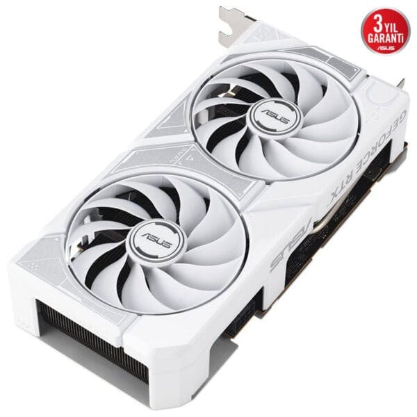 Gelişmiş ASUS ekran kartı, yüksek performans ve soğutma teknolojisi ile oyun ve grafik işlemleri için ideal, şık beyaz tasarım ve çift fanlı soğutucu özellikleriyle dikkat çekiyor.