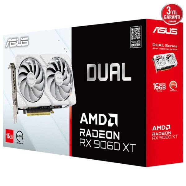 Görüntüde ASUS Dual AMD Radeon RX 9060 XT ekran kartı kutusu ve ürünü, yüksek performanslı oyun ve grafik işlemleri için tasarlanmış, 16GB GDDR6 bellek ve çift fan soğutma sistemi ile dikkat çekiyor. Ayrıca, 3 yıl garanti ve Switch to Radeon özelliği ile öne çıkan bu ekran kartı, oyuncular ve video düzenleyiciler için ideal bir seçimdir. Kaliteli materyal ve gelişmiş soğutma teknolojisi ile daima stabil ve yüksek performans sağlar.