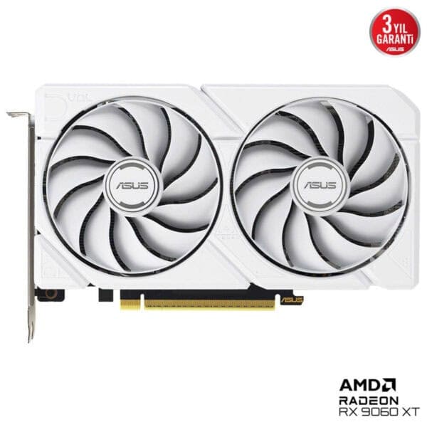 Güzel beyaz ASUS ekran kartı, çift fanlı soğutma sistemi, AMD Radeon RX 9060 XT ile yüksek performans ve oyun deneyimi sağlar. Oyun ve grafik tasarımı için mükemmel seçim.