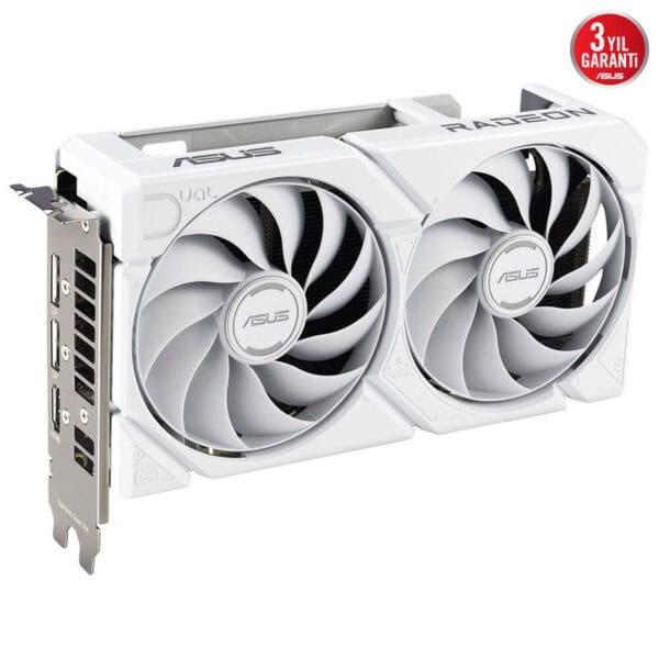 Yüksek performanslı ASUS ekran kartı, oyun ve grafik işlemleri için ideal, beyaz renkli, modern tasarım, çift fan soğutma sistemi, gaming, hız ve dayanıklılık odaklı.