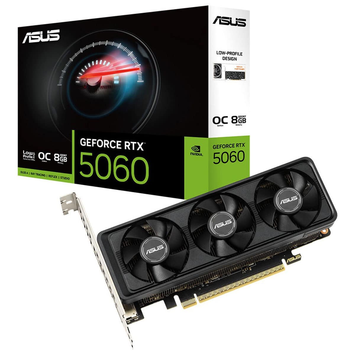 Yüksek performanslı ASUS GEFORCE RTX 5060 ekran kartı, oyun ve grafik işlemleri için ideal, düşük profil tasarımı ve gelişmiş soğutma özellikleri ile öne çıkar.