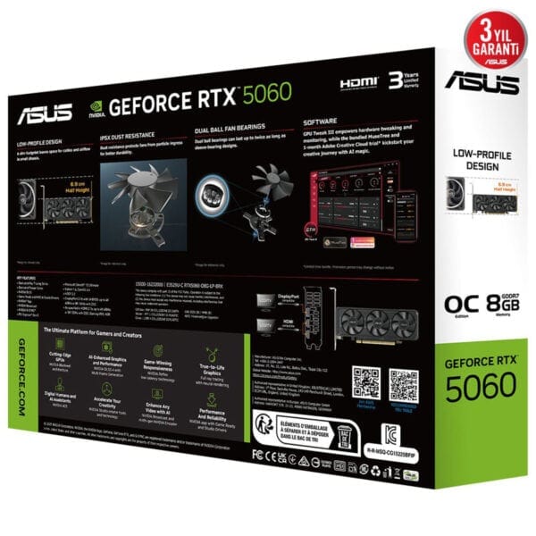 Yüksek performanslı ASUS NVIDIA GeForce RTX 5060 ekran kartı kutu ve özellikleri, oyuncular ve içerik üreticiler için geliştirilmiş, paslanmaz fanlar ve gelişmiş soğutma teknolojisi ile performans sağlıyor.
