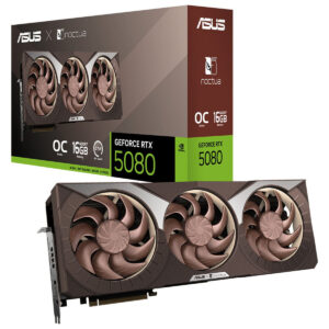 Yüksek performanslı ASUS Noctua ile uyumlu GeForce RTX 5080 ekran kartı, üç fanlı tasarımı ve 16GB GDDR6X bellek ile oyun ve grafik tasarım için ideal.