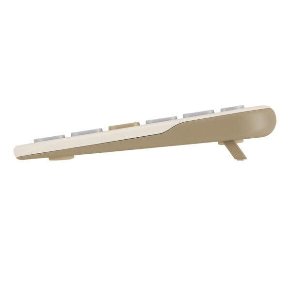 Minimalist beyaz ve bej renkli bilgisayar klavyesi, şık ve ergonomik tasarımıyla masaüstü kullanımı için ideal.