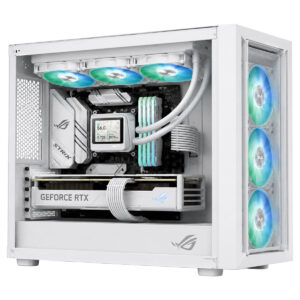 Beyaz kasada, üç renkli fanlar ve yüksek performanslı ekran kartı ile gaming PC iç yapısı.