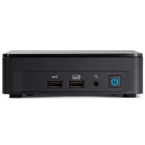 Yüksek çözünürlüklü siyah mini bilgisayar, çift USB girişi ve güç düğmesi ile masaüstü kullanımına uygun ofis ve eğlence cihazı for gaming and office applications.