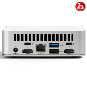 Yüksek çözünürlüklü mini bilgisayar arka paneli, HDMI portları ve çeşitli bağlantı noktaları ile modern oyun ve ofis kullanımı için ideal, şık ve kompakt tasarım.