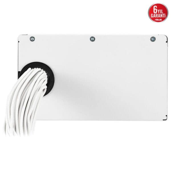 Güzel tasarımlı beyaz güç kaynağı arka görünüm, kablolar takılmış, modern elektronik cihazlar ve bilgisayar donanımı için uygun, güvenli güç bağlantısı, yüksek kalite, dayanıklı yapı.