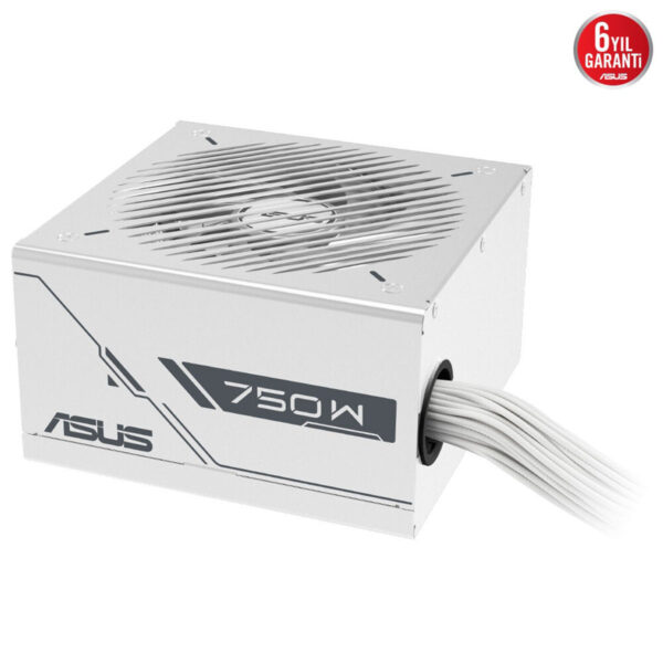 Yüksek verimli 750W güç kaynağı, Gaming ve bilgisayar bileşenleri için uygun, dayanıklı ve güvenilir güç sağlama, ASUS markası, beyaz renkli, kablolu tasarım, modern ve şık görünüm.