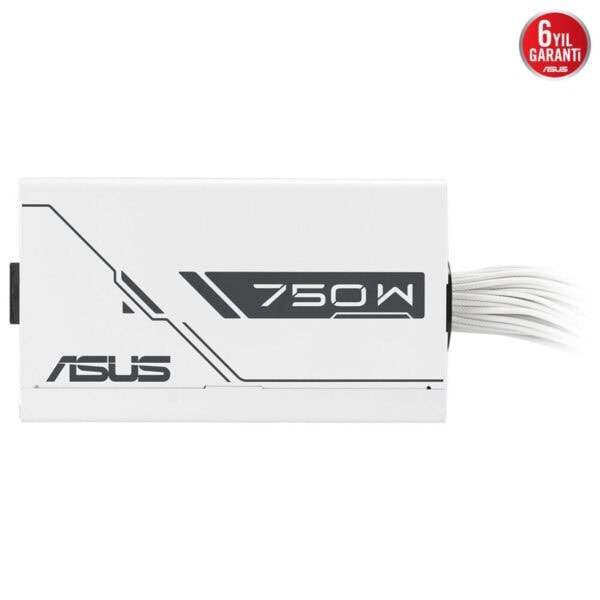 Yüksek kaliteli ASUS 750W güç kaynağı, beyaz renk ve modern tasarım, oyun ve bilgisayar sistemleri için yüksek performans ve güvenilirlik sağlar.