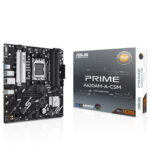 Yüksek çözünürlüklü ASUS Prime A620AM-A-CSM anakart ve kutu görüntüsü, oyuna hazır bilgisayar donanımı ve yüksek performanslı anakartlar hakkında bilgi sağlar, oyuncular ve teknoloji meraklıları için ideal seçim.