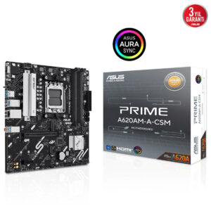 Yüksek çözünürlüklü ASUS Prime A620AM-A-CSM anakart ve kutusu, oyun ve bilgisayar meraklıları için uygun, yüksek performanslı ve dayanıklı anakart, RGB Aura Sync ile uyumlu, 3 yıl garanti içerir.