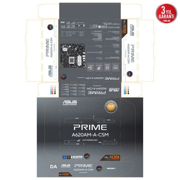A620AM-A-CSM Anakart Kutusu, ASUS Prime A620AM-A-CSM ana kartı kutusu ve detayları, yüksek performans ve dayanıklılık odaklı gaming ve bilgisayar bileşenleri.