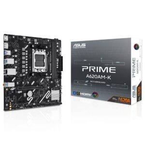 Yüksek kaliteli ASUS Prime A620AM-K anakart ve kutusu, yüksek performans ve dayanıklılık için ideal uygun fiyatlı anakart, genellikle oyun ve ofis bilgisayarları için tercih edilir.