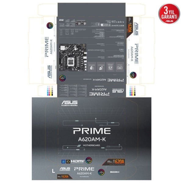 Çevrimiçi oyun ve bilgisayar donanımı meraklıları için ASUS Prime A620AM-K anakartın detaylı yüzey görünümü, yüksek çözünürlük ve teknik özelliklerin görsel tanıtımı.