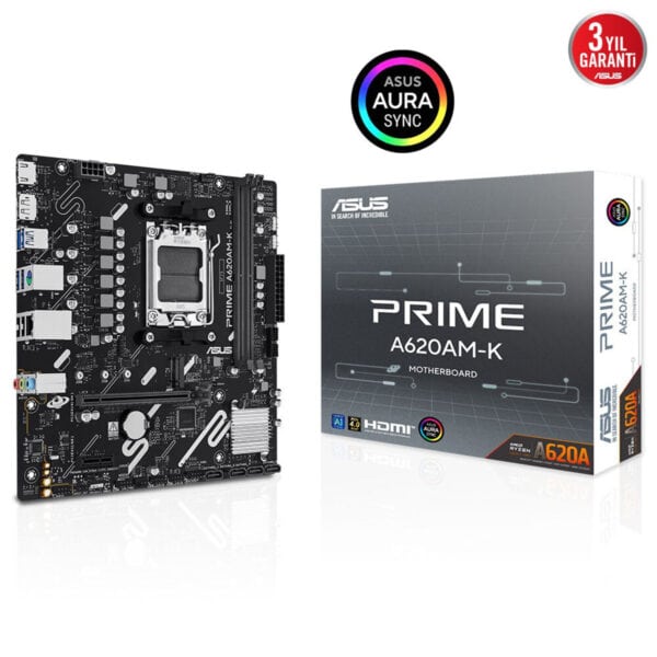 Görüntüde ASUS Prime A620AM-K Anakart ve kutusu, yüksek performans ve oyun deneyimi için tasarlanmış, RGB AURA SYNC uyumlu, HDMI, AI ve AMD Ryzen uyumlu özelliklerle donatılmış çocuklar.