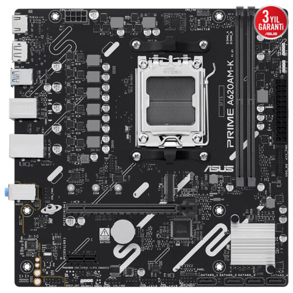Entegre anakart (anakart) görüntüsü, Ryzen işlemci soketi, DDR4 RAM yuvaları ve çeşitli çıkışlar ile yüksek performanslı bilgisayar bileşeni.