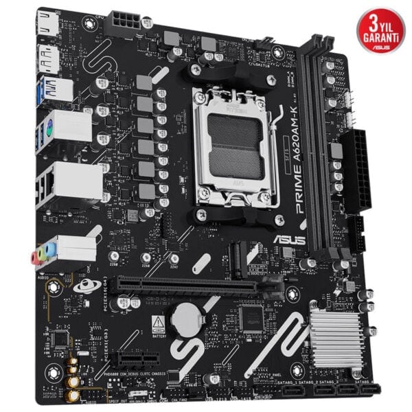 Gelişmiş anakart ASUS Prime AB620AM-K, yüksek performans ve güvenlik özellikleri ile oyun ve bilgisayar bileşeni kurulumları için uygun, 3 yıl garanti sunar.