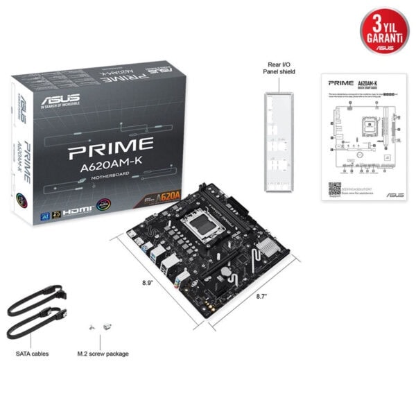 Yüksek çözünürlüklü ASUS Prime A620AM-K anakart kutu ve montaj detayları, DDR4 RAM, HDMI ve M.2 yuvası özellikleri ile bilgisayar donanımı, oyun ve teknoloji ürünleri için uygun anakart modeli.