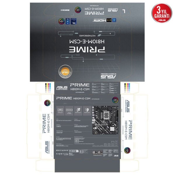 H810M-E-CSM Asus Prime anakart kutusu ve teknik özellikleri yinelenmiş ve detaylı şekilde gösterilmiştir.