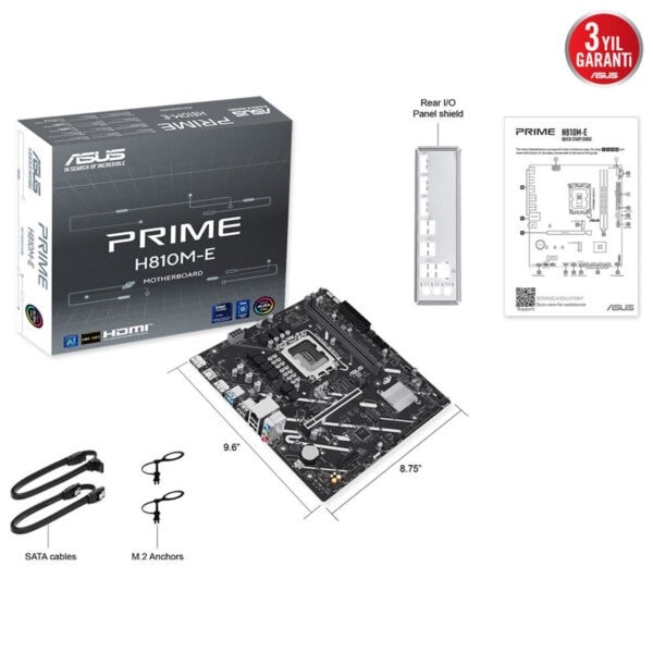 Yüksek performanslı ASUS PRIME H810M-E anakart ve kutu içeriği, SSD, DDR4 RAM destekli, uygun fiyatlı ve güvenilir ana kart, anakart resmi ve ürün özellikleri detaylı görsel.