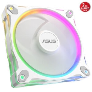 Yüksek performanslı ASUS beyaz RGB aydınlatmalı PC kasa fanı, oyun ve bilgisayar soğutma için ideal, 2 yıl garanti, şık tasarım, sessiz çalışma özellikleriyle dikkat çekiyor.