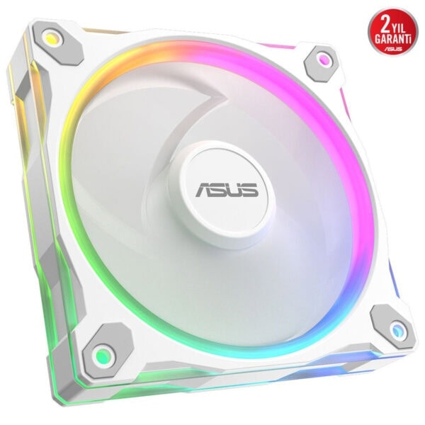 Yüksek performanslı ASUS beyaz RGB aydınlatmalı PC kasa fanı, oyun ve bilgisayar soğutma için ideal, 2 yıl garanti, şık tasarım, sessiz çalışma özellikleriyle dikkat çekiyor.