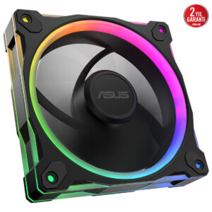 Yüksek performanslı RGB aydınlatmalı ASUS PC kasa fanı, oyun ve donanım soğutma için ideal, şık tasarım ve dayanıklılık sunar.