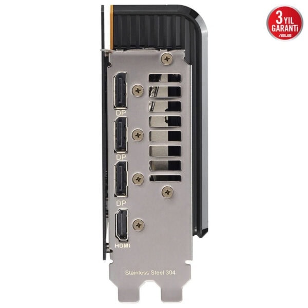 Yüksek performanslı grafik kartı arka paneli, HDMI ve DisplayPort çıkışlarıyla oyun ve render işlemleri için uygun, dayanıklı paslanmaz çelik malzeme kullanılmış.