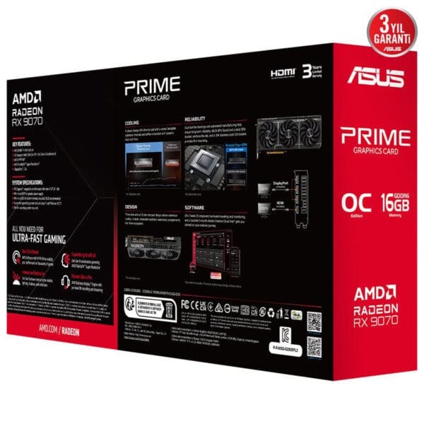 Yüksek kaliteli Asus AMD Radeon RX 9070 ekran kartı kutusu, oyun ve grafik işlemleri için güçlü performans ve 16GB GDDR6 bellek ile ultra hızlı oyun deneyimi sağlar.