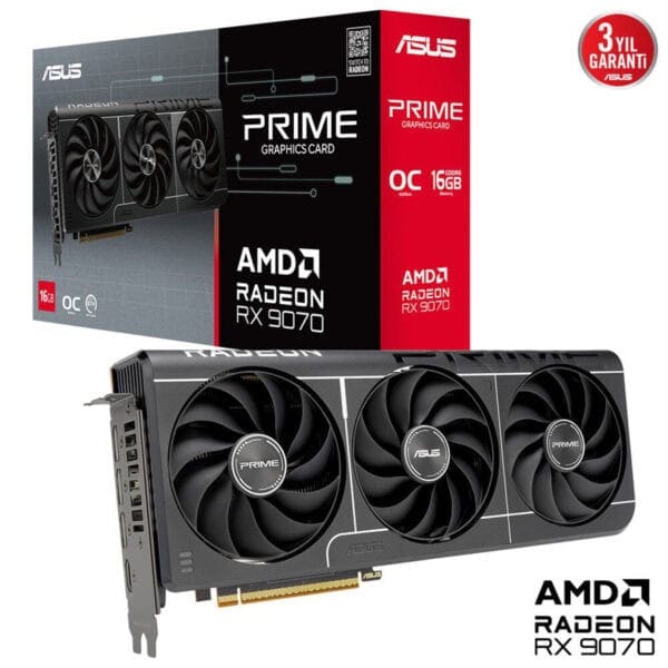 Güçlü ASUS AMD Radeon RX 9070 oyun grafik kartı, 16GB GDDR6 belleğiyle yüksek performans sağlar, oyun ve grafik uygulamalarınız için ideal, 3 yıl garanti ile güvenilirlik sunar.