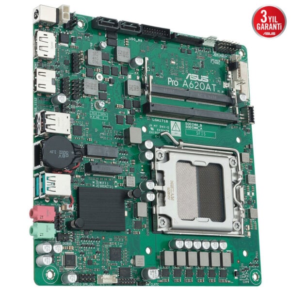 Gelişmiş anakart modeli ASUS Pro A620AT, AMD Ryzen uyumlu, yüksek performans ve dayanıklılık için tasarlandı, oyun ve mühendislik uygulamaları için ideal.