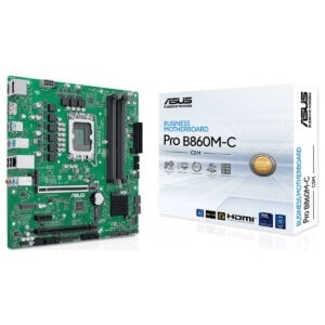 Düşük profilli ASUS Pro B860M-C İş Anakartı, güçlü ve güvenilir performans sağlayan yüksek kaliteli materyallerden üretilmiş, çoklu çıktı ve genişleme yuvalarına sahip kurumsal ana kart.