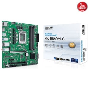 Yüksek çözünürlüklü ASUS Pro B860M-C ana kart ve kutusu, kurumsal ve güçlü performans için tasarlanmış, üstün dayanıklılık ve güvenilirlik sağlar, güncel bağlantı özellikleri ile dikkat çeker.