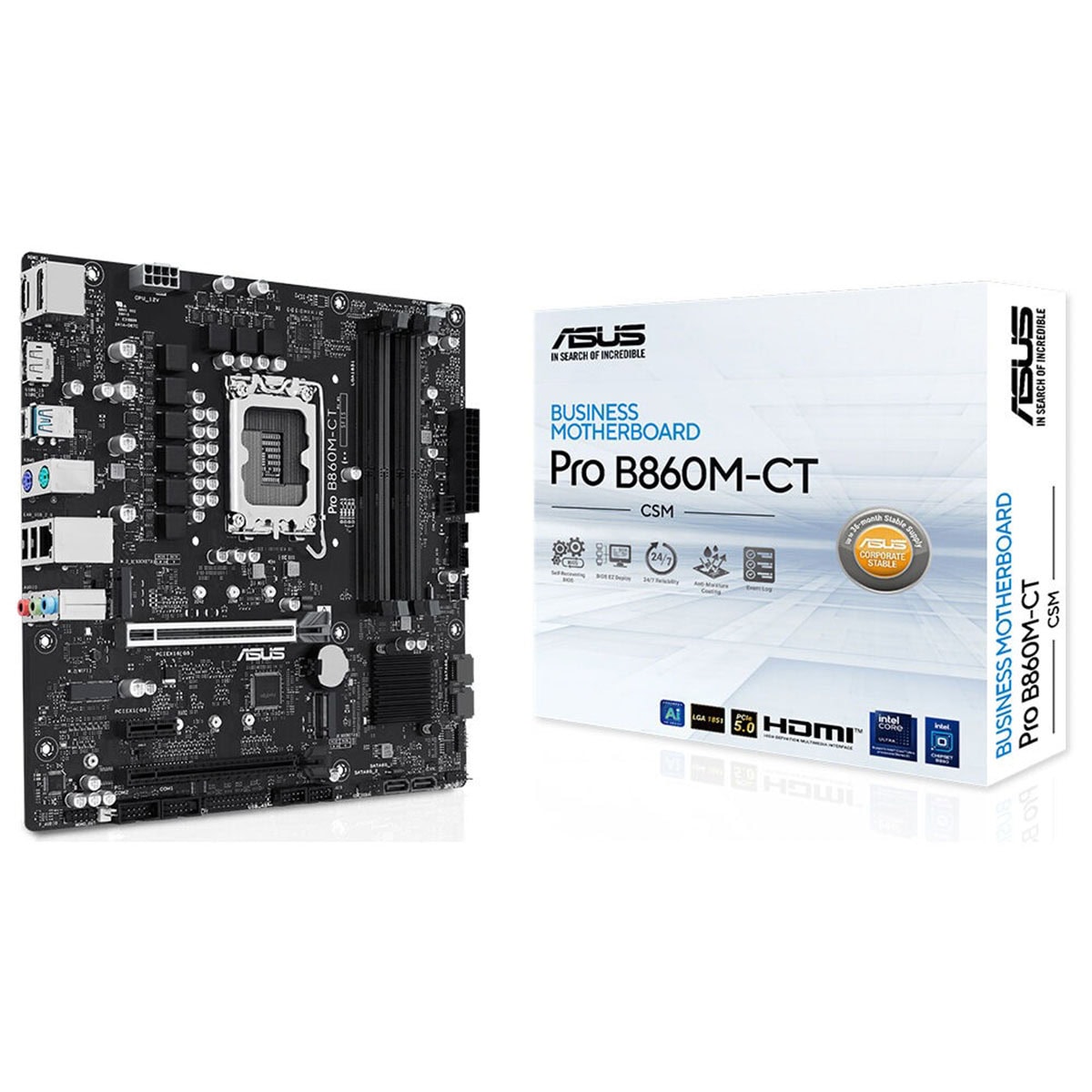 Yüksek kaliteli ASUS Pro B860M-CT ana kartı ve kutu tasarımı, ofis ve oyun bilgisayarları için dayanıklı ve güvenilir temel donanım. Çoklu bağlantı seçenekleri ve modern teknolojilerle donatılmış, performansı garantiler.