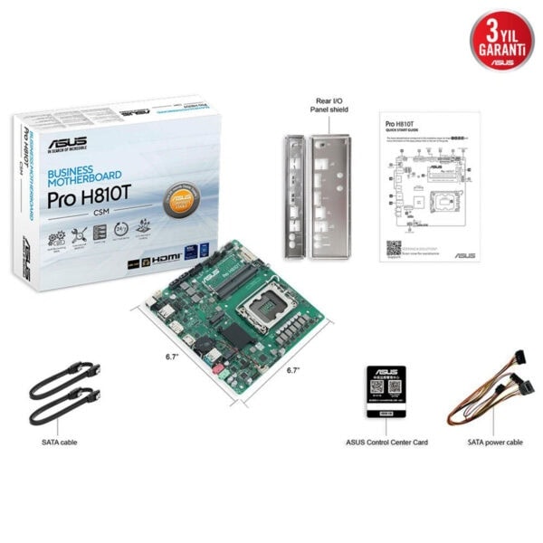 Yüksek çözünürlüklü ASUS Pro H810T İş Anlayışına uygun ana kart detayları, bağlantı kabloları ve kullanım kılavuzu ile gösteriliyor. İş istasyonu ve kurumsal bilgisayarlar için güçlü temel sağlar.