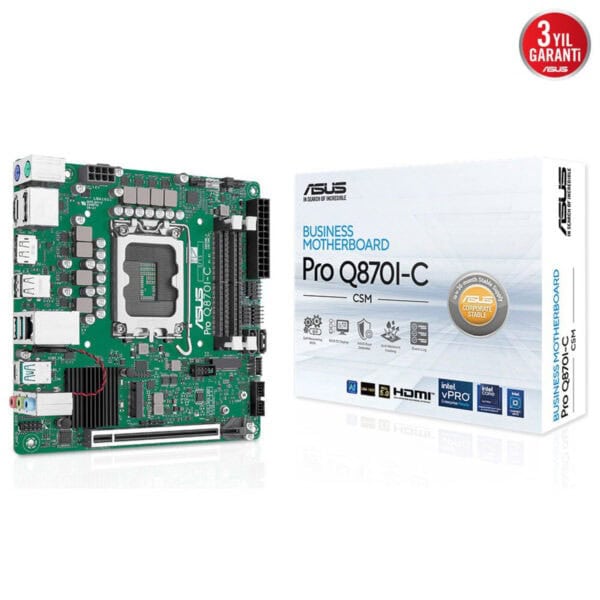 Yüksek kaliteli Asus Pro Q8701-C anakart ve kutusu, oyun performansını artırmak ve güvenilirlik sağlamak için tasarlanmış, gelişmiş bileşenlerle donatılmış anakart modeli.