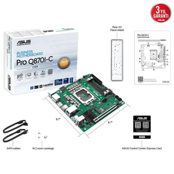 Görüntüde ASUS Pro Q870I-C iş anakartı ve ilgili kutu, kullanım kılavuzu, SATA kabloları ve M.2 vida paketi yer almaktadır. Anakart, işletim sistemi ve bilgisayar donanımı geliştirme amacıyla tasarlanmış, yüksek performans ve dayanıklılık sağlar. Üzerinde çeşitli bağlantı portları, soğutma ve genişleme yuvaları bulunur, bu sayede profesyonel ve ofis bilgisayarı kurulumları için uygun hale gelir. Ayrıca, anakartın donanım özellikleri ve bağlantı noktaları net şekilde gösterilmiştir.